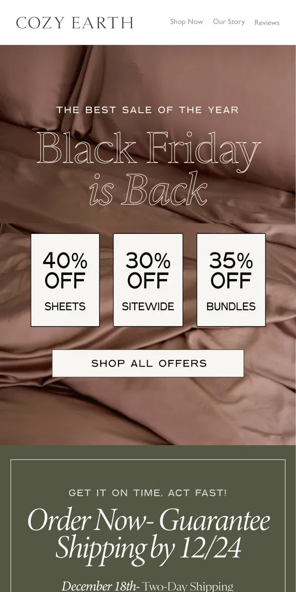 Email from Cozy Earth. Black Friday Is BACK!