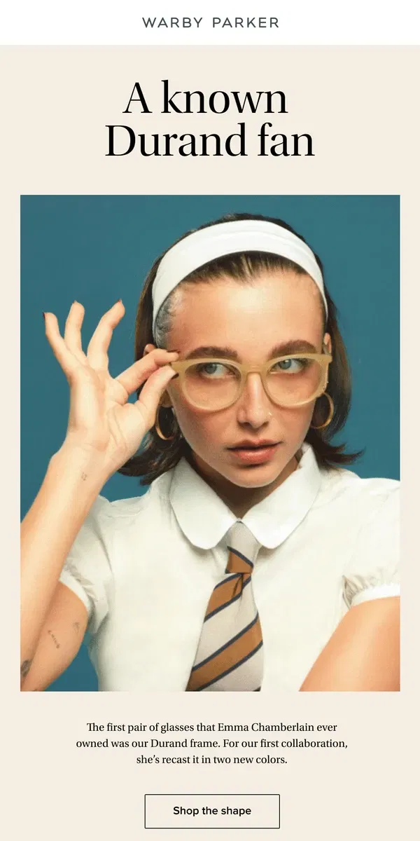 Email from Warby Parker. Emma’s first frame