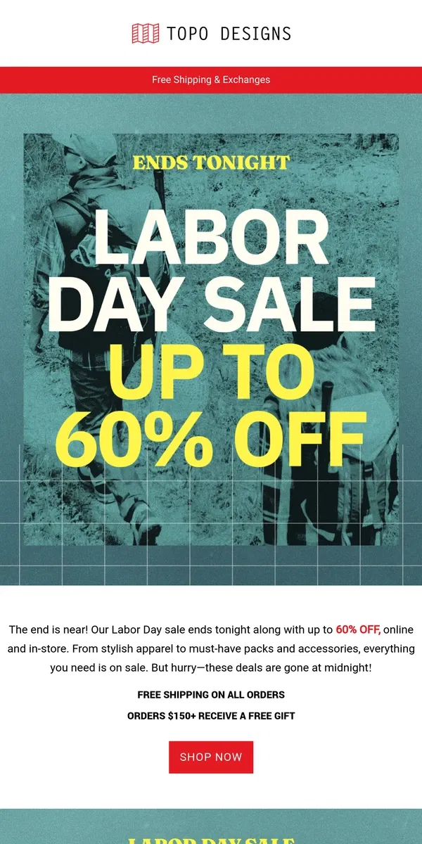 Email from Topo Designs. Ending Tonight! Up to 60% Off