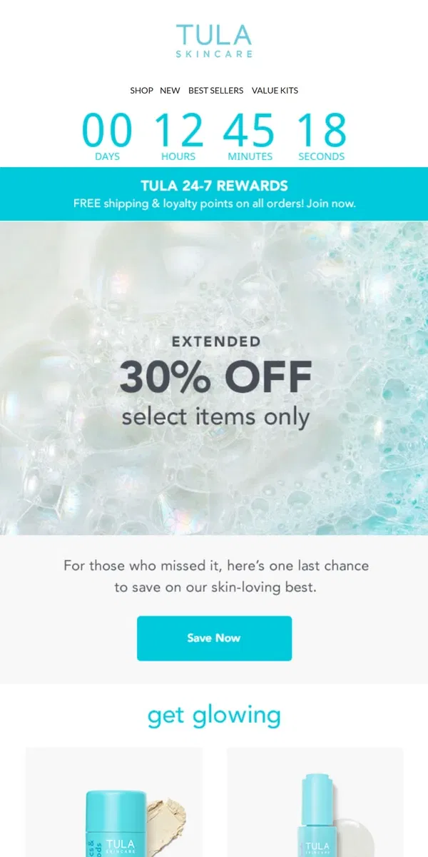 Email from TULA Skincare. 30% off EXTENDED