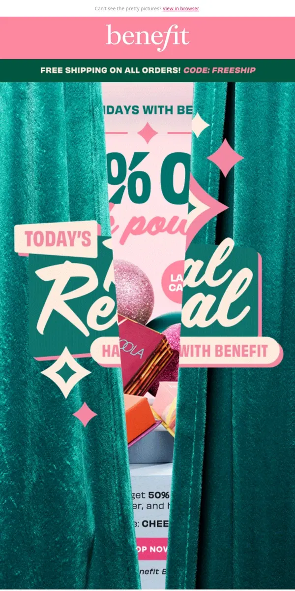 Email from Benefit Cosmetics. 50% OFF cheek powders ends TONIGHT ⏰