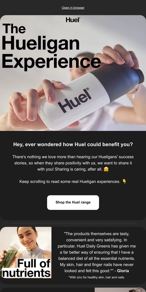 Email from Huel. Real reviews from real Hueligans 🖤