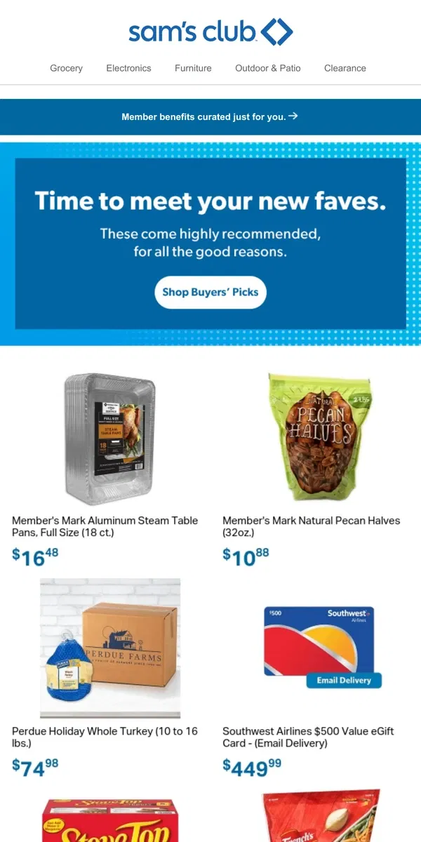 Email from Sam's Club. Hand picked by buyers, loved by members.