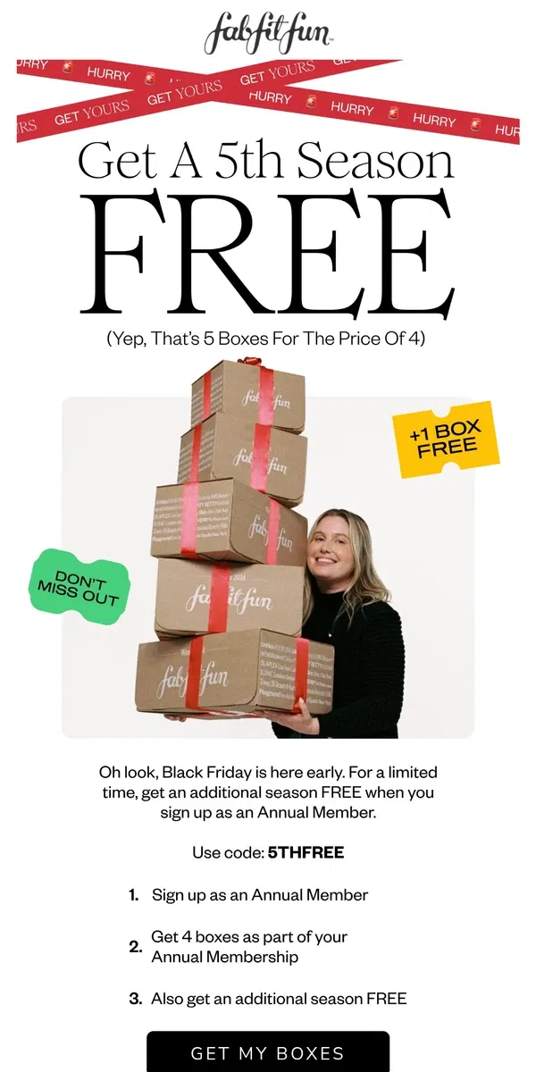 Email from FabFitFun. Early Black Friday Access: Buy 4 get one FREE 🎉