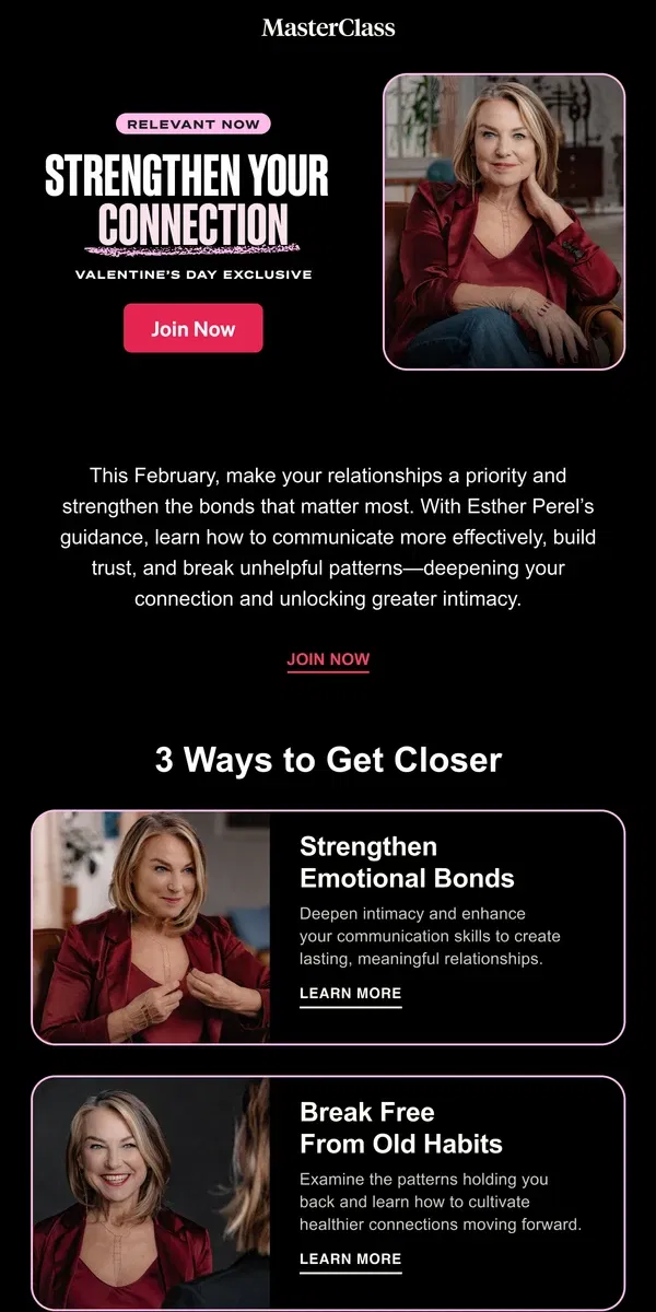 Email from Masterclass. Relevant Now: Create deeper romantic connections