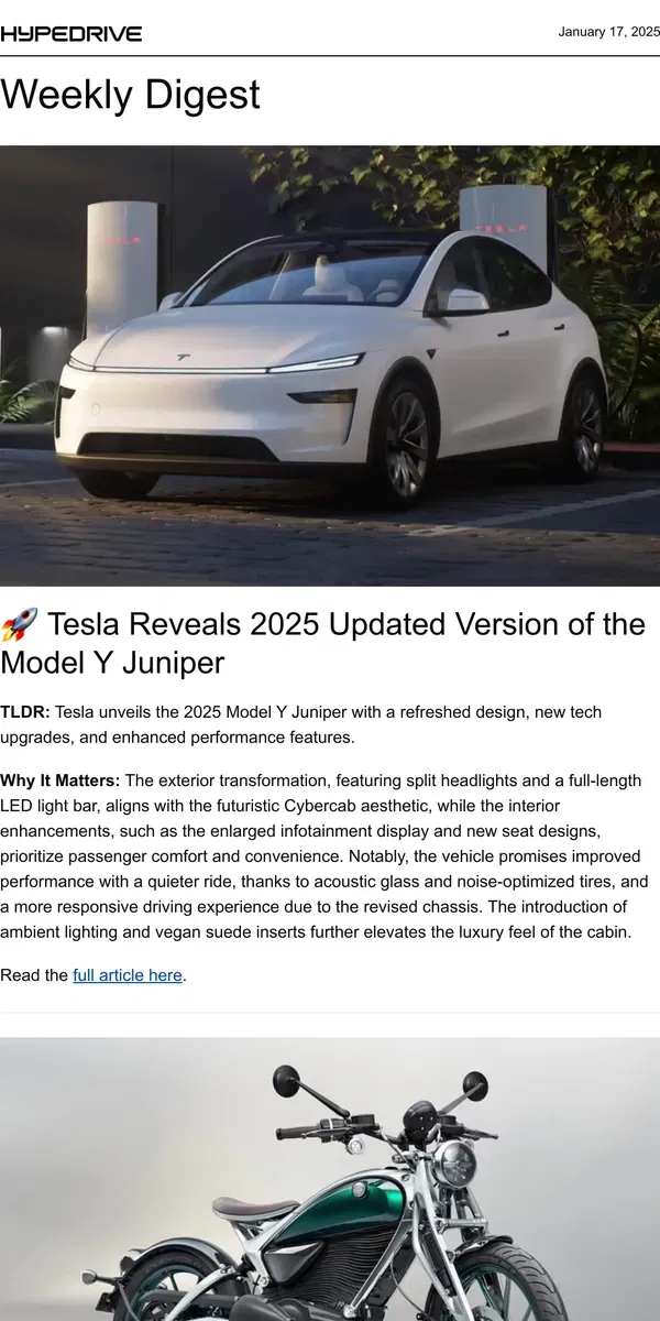 Email from Hypebeast. Tesla Unveils the Enhanced Model Y Juniper – What’s New 👉