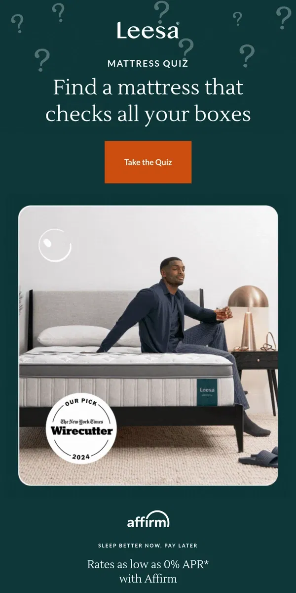 Email from Leesa. Find your new mattress match with our quick quiz