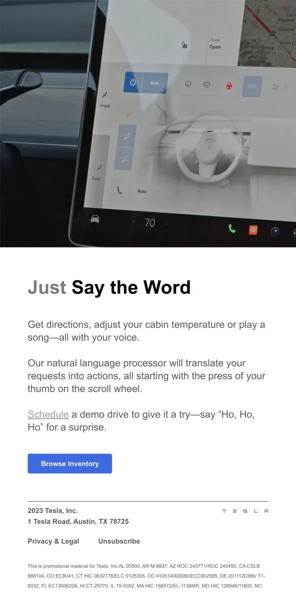 Email from Tesla. Customize Your Drive Using Your Voice