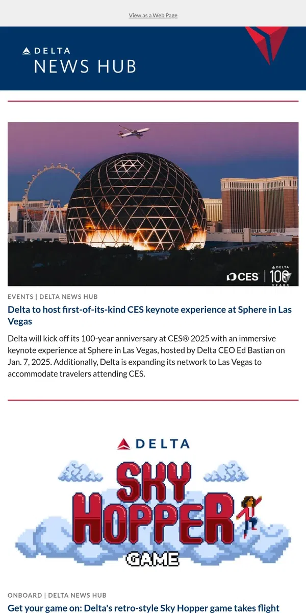 Email from Delta Air Lines. Delta to host immersive CES keynote experience at Sphere in Las Vegas