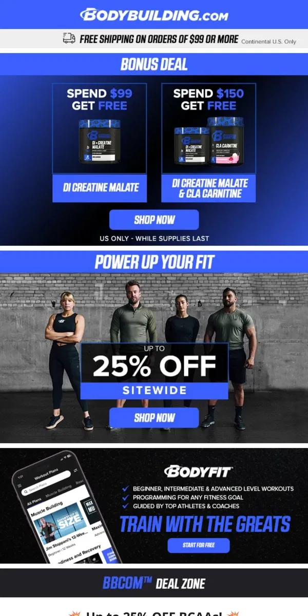 Email from Bodybuilding.com. 💥 Up to 25% OFF BCAAs! + FREE GIFT Offers! 💥