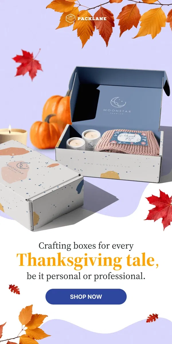 Email from Packlane. It's time for pies, pumpkins, and premium print packaging 🍂