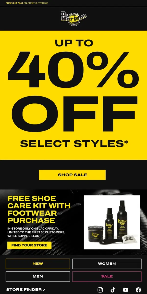 Email from Dr. Martens. New styles added to sale for Black Friday 🔥