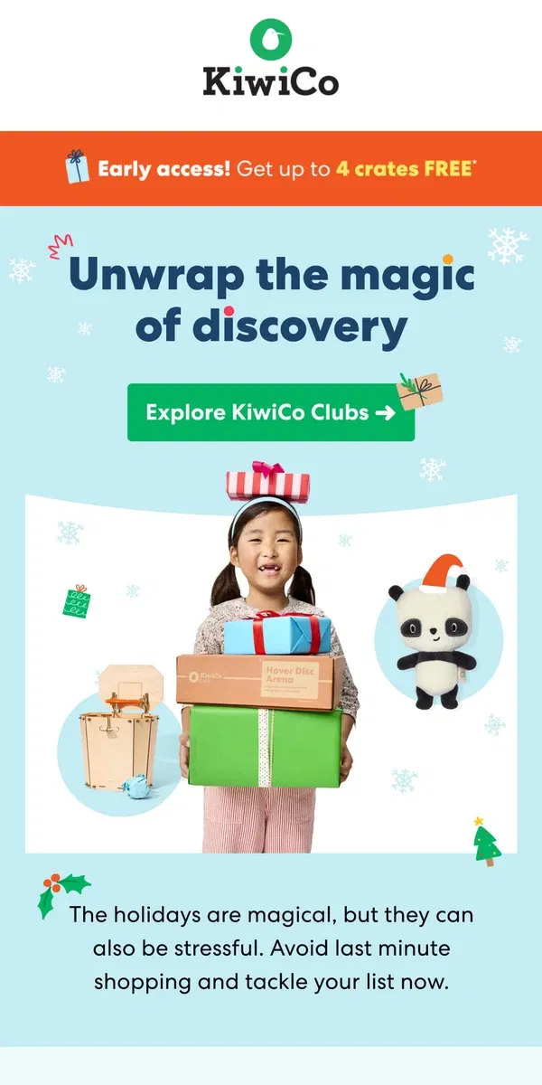 Email from KiwiCo. Get up to 4 club crates FREE!