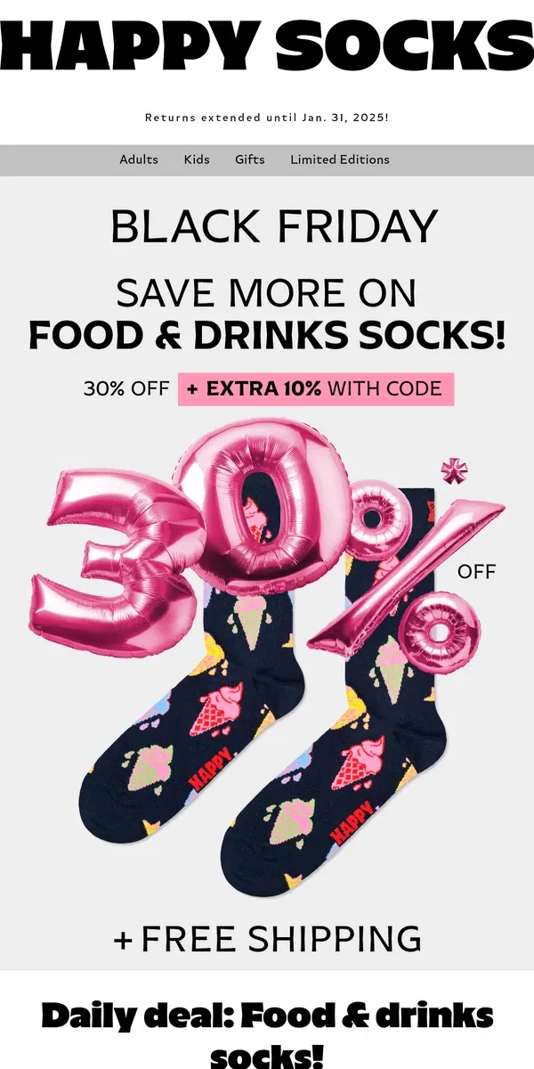 Email from Happy Socks. Black Friday! Exclusive Deals Every Day!