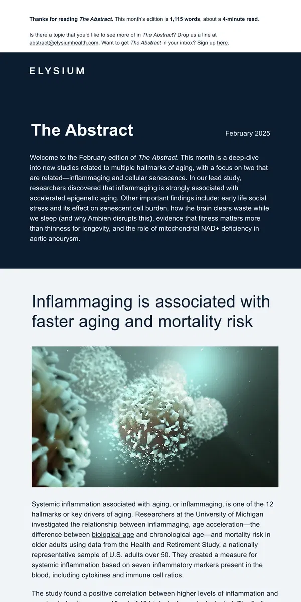 Email from Elysium Health. The Abstract: What’s better for longevity—fit or thin?