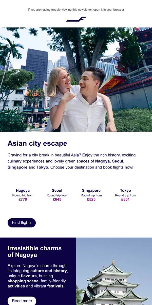 Email from Finnair. Urban adventures await in Asia