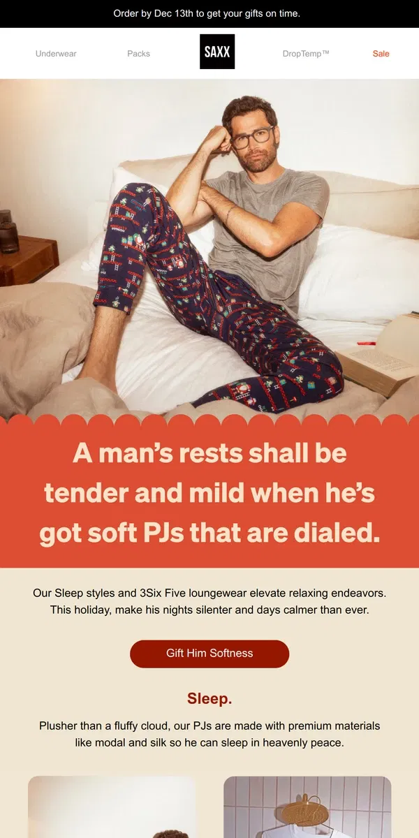 Email from SAXX Underwear. PJs & loungewear perfect for a long winter's nap