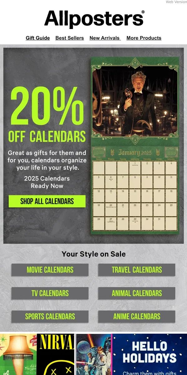 Email from AllPosters. Get 20% Off Calendars—Start 2025 in Style!