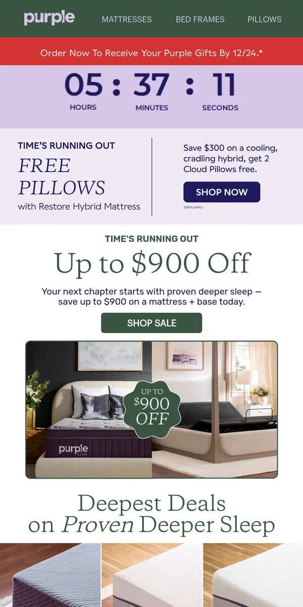 Email from Purple. ⏰’s Running Out: Up to $900 Off