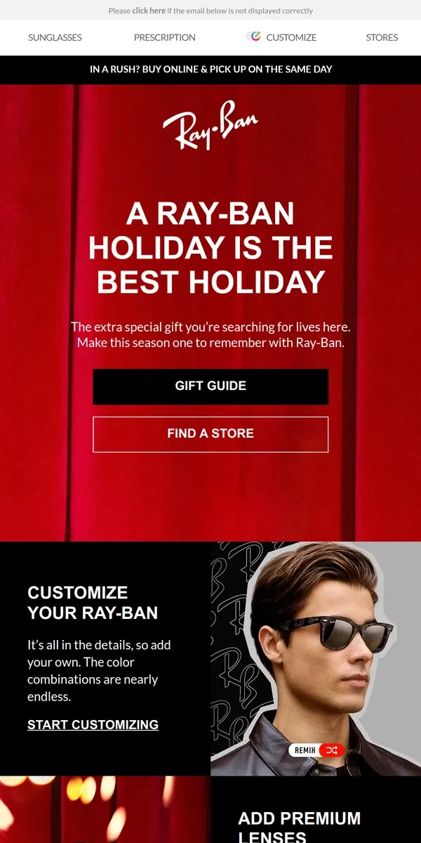 Email from Ray-Ban. Gifts ideas with an added touch