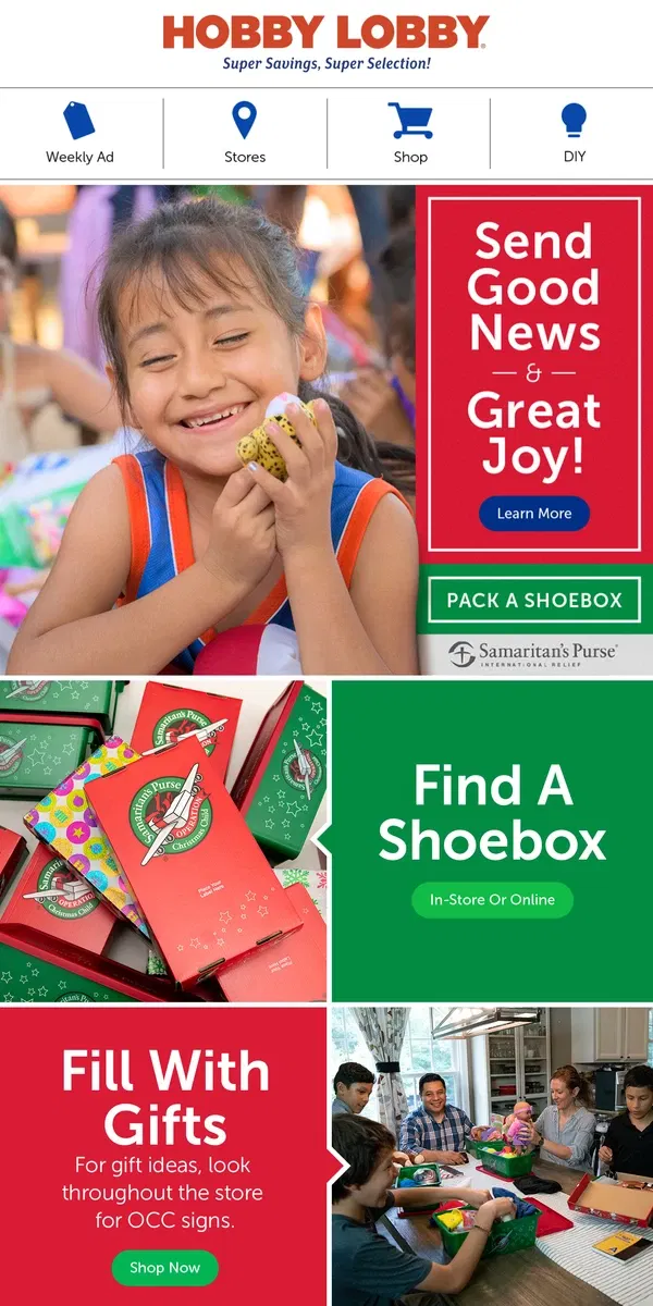 Email from Hobby Lobby. Pack A Gift-Filled Shoebox With Us!