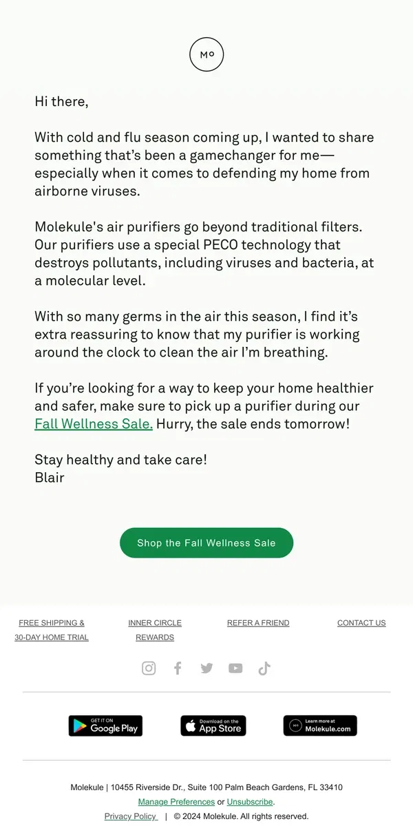 Email from Molekule. Clean air is self-care