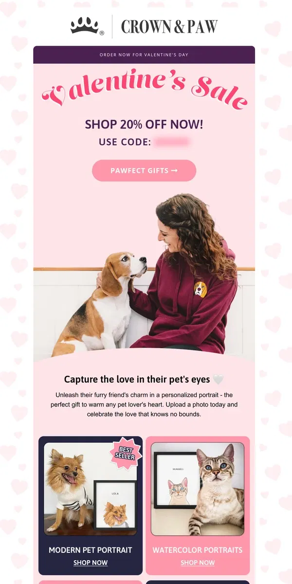 Email from Crown & Paw. Our Valentine's Sale is Here! 🐶 💞