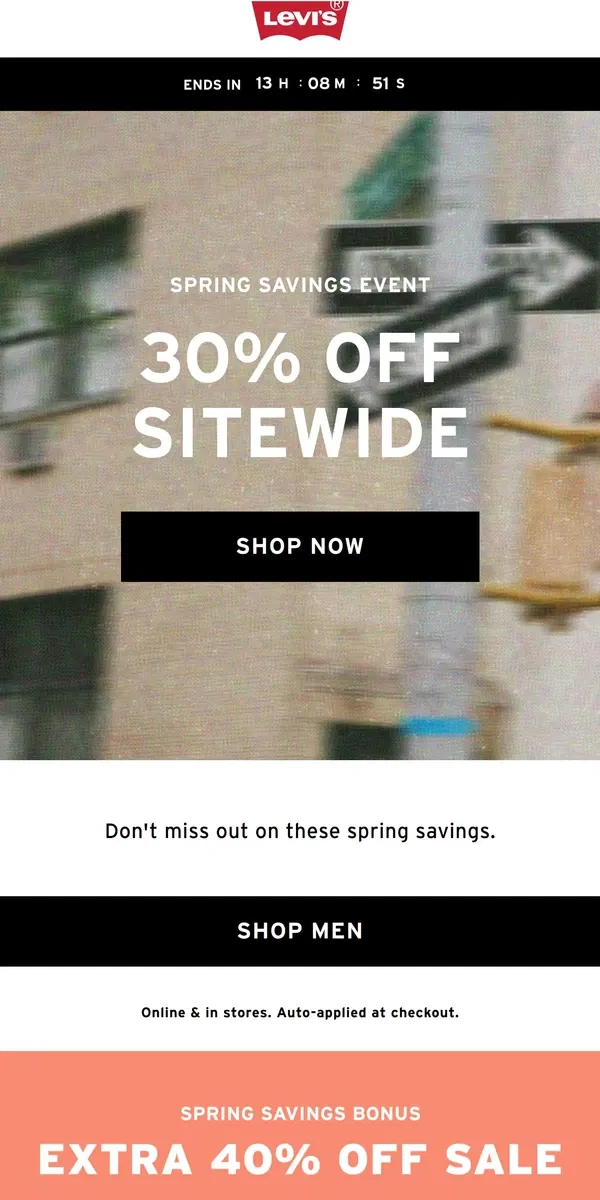 Email from Levi's. Last chance to shop The Spring Savings Event