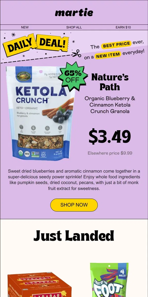 Email from Martie. 😍 65% OFF Nature's Path Keto Blueberry Granola (valued at $9.99), today only!