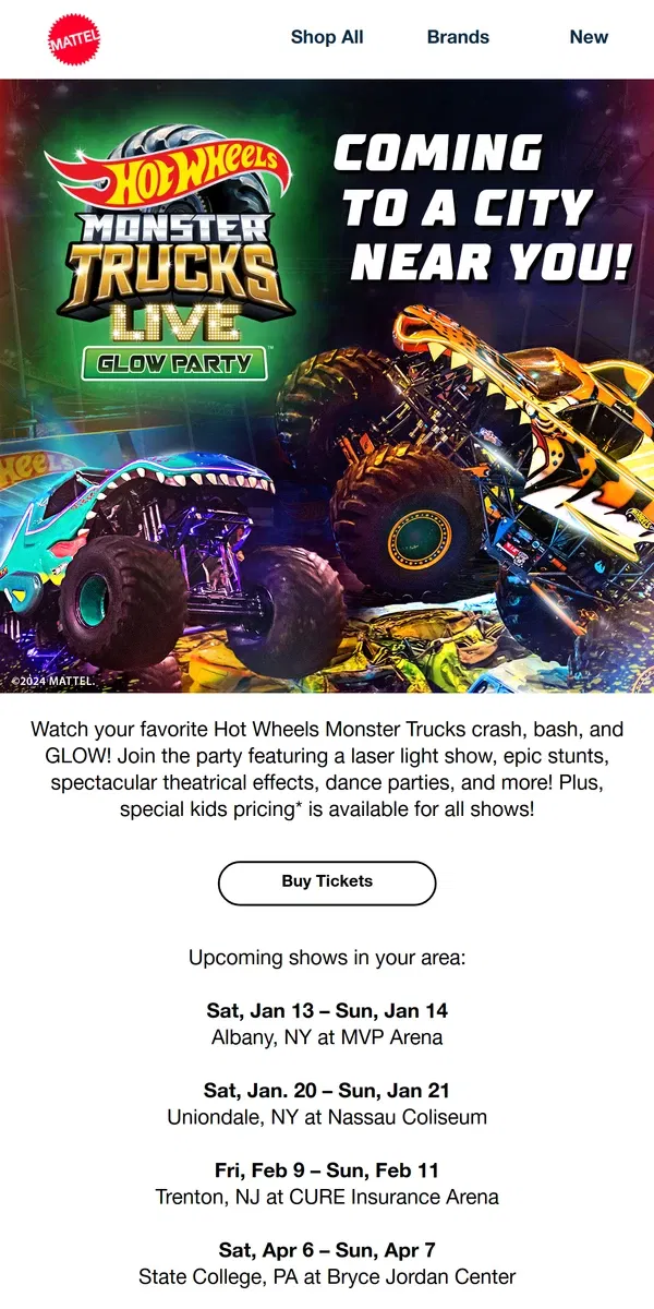 Email from Mattel Store. Hot Wheels Monster Trucks Live GLOW Party!