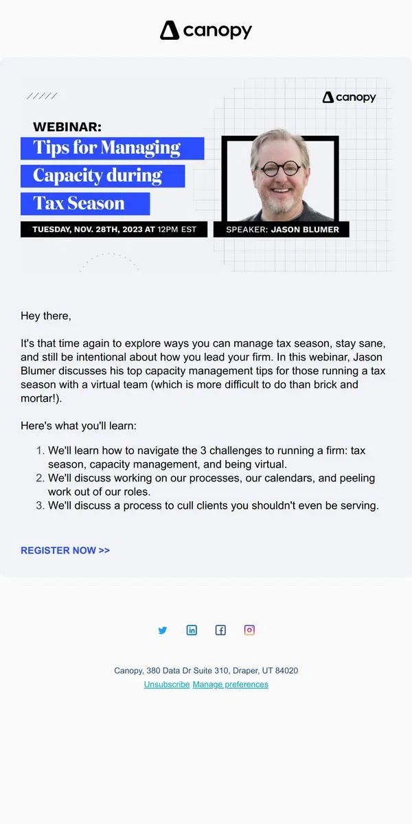 Email from Canopy. [CPE Webinar] Tips for Managing Capacity During Tax Season