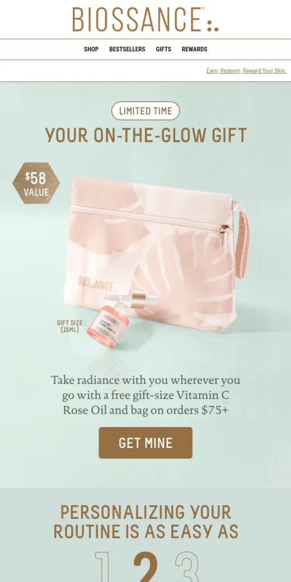 Email from Biossance. Hrs left! Free luxe mini Rose Oil & bag