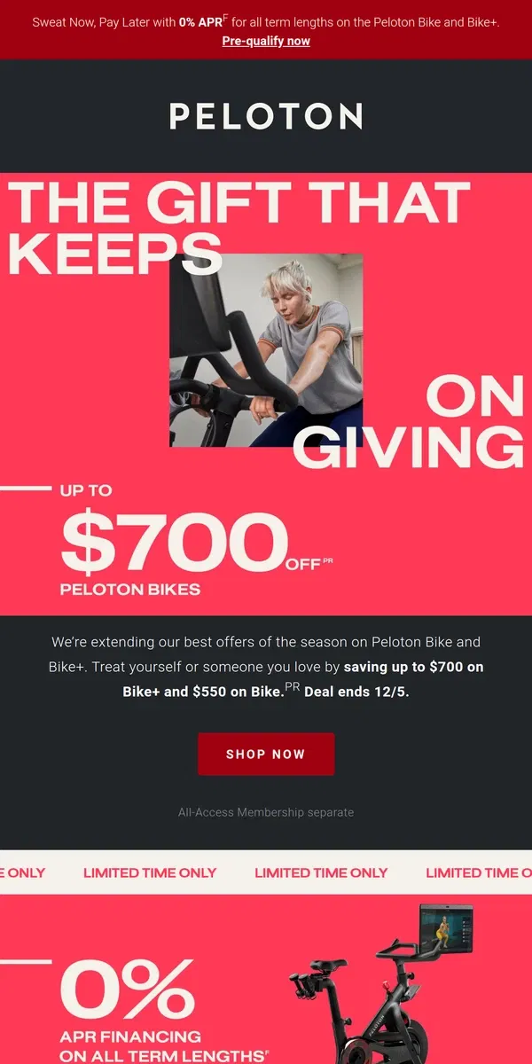 Email from Peloton. EXTENDED: Get up to $700 off Peloton purchases