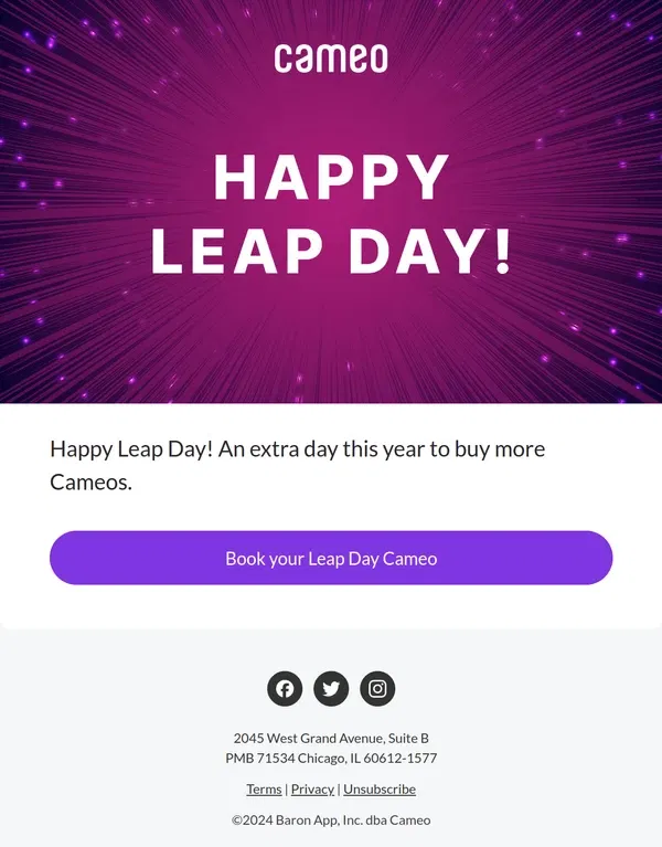 Email from Cameo. Happy Leap Day!