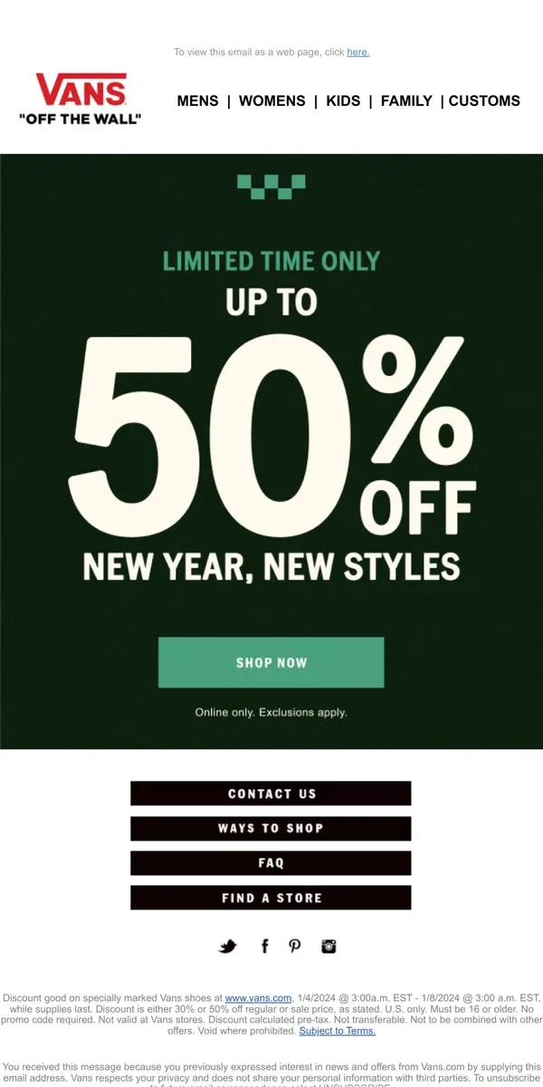 Email from Vans. New Year, New Fits Up to 50% Off