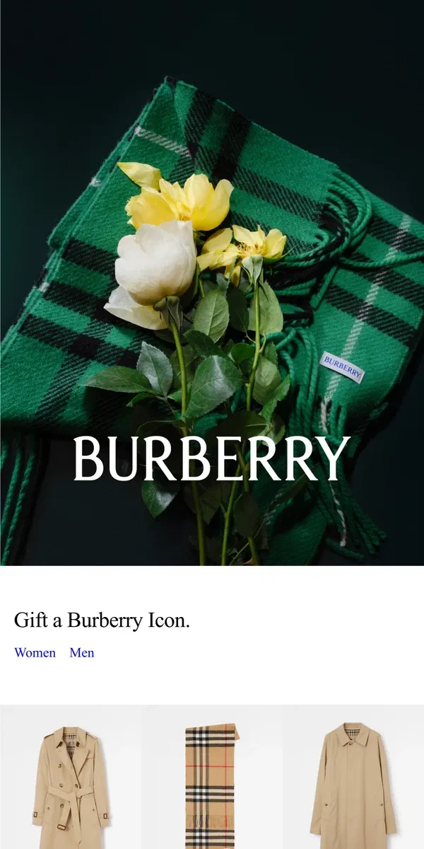 Email from Burberry. Iconic gifts