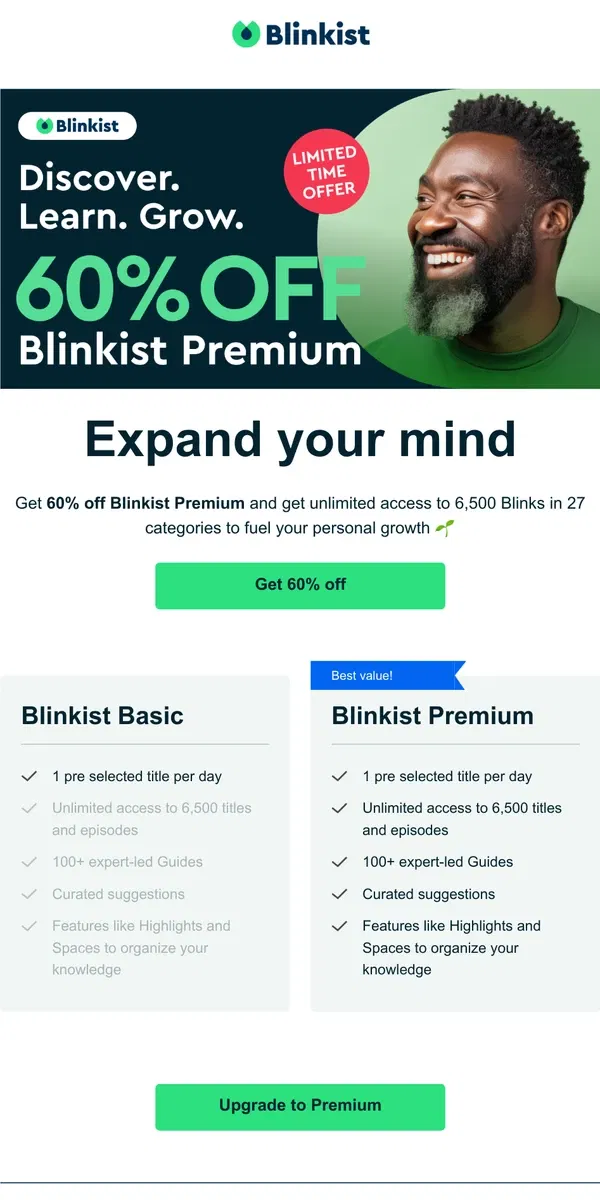 Email from Blinkist. 💸 60% off Blinkist Premium is waiting for you