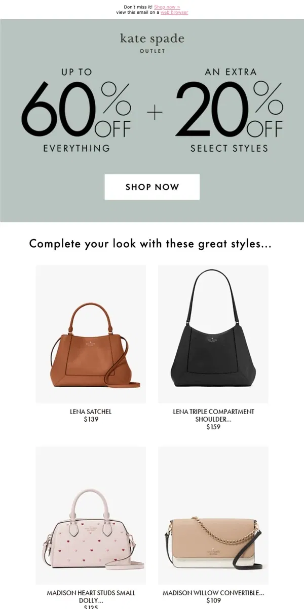 Email from Kate Spade. Up to 60% off + an extra 20% off select styles!