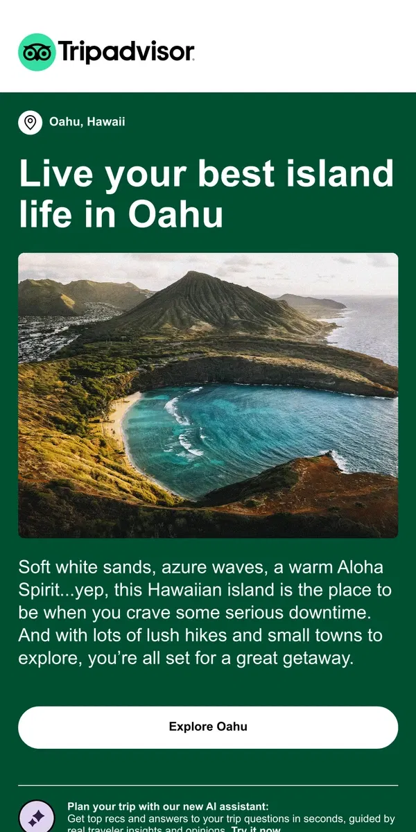 Email from Tripadvisor. Your next getaway: Oahu