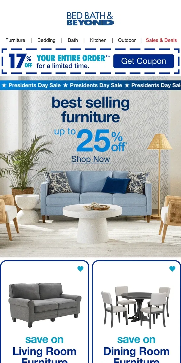 Email from Bed Bath & Beyond. Up to 25% Off Our Top-Selling Furniture for Every Room 🤩