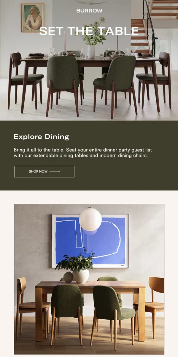 Email from Burrow. Shop dining styles for the perfect dinner party