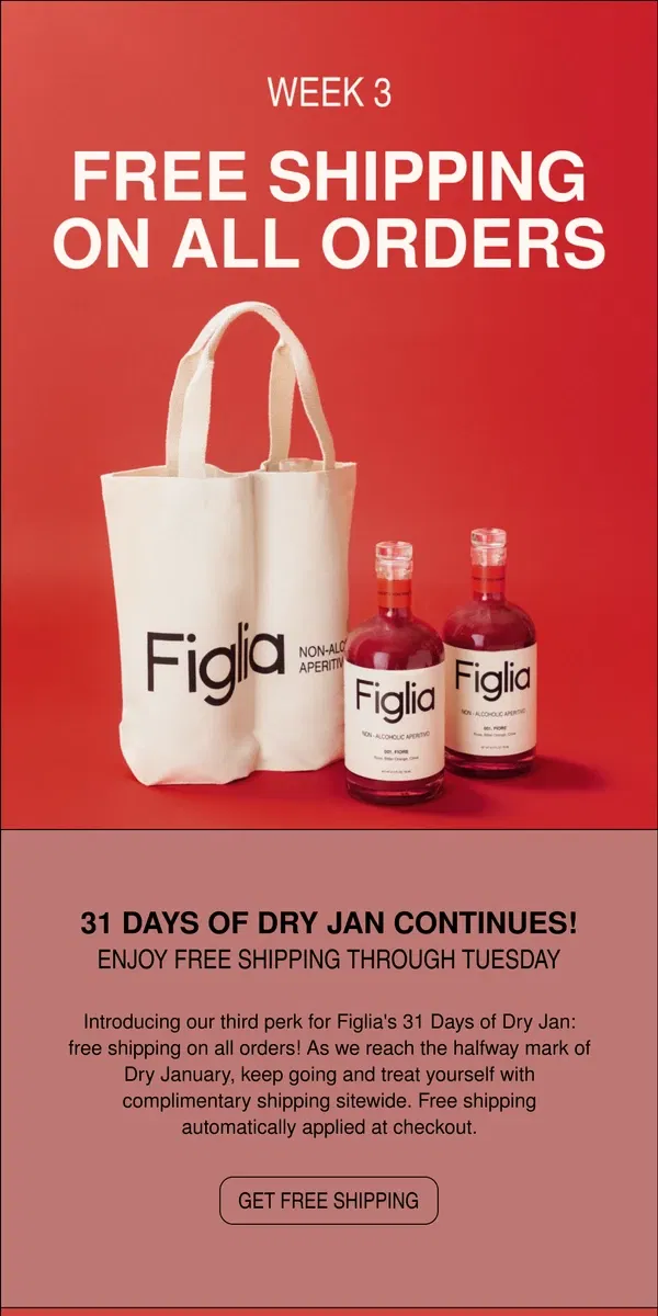 Email from Figlia. Free shipping for Dry Jan!