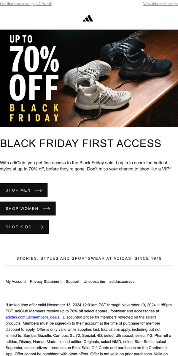 Email from Adidas. Up to 70% off: adiClub Members get to shop the deals early