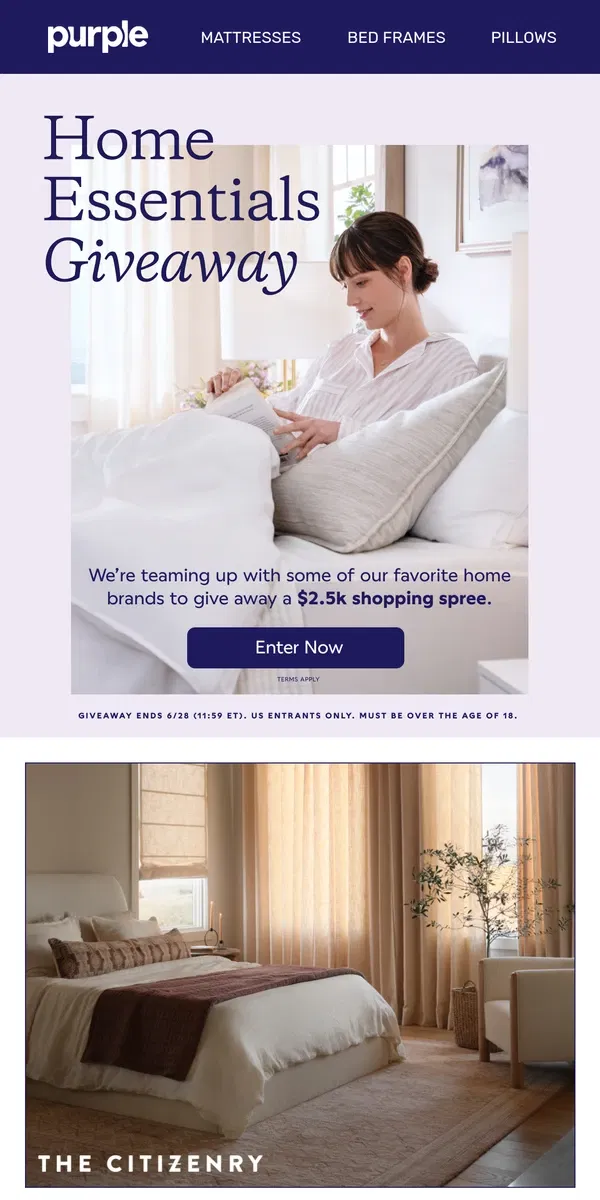 Email from Purple. Want to win a $2.5k shopping spree?