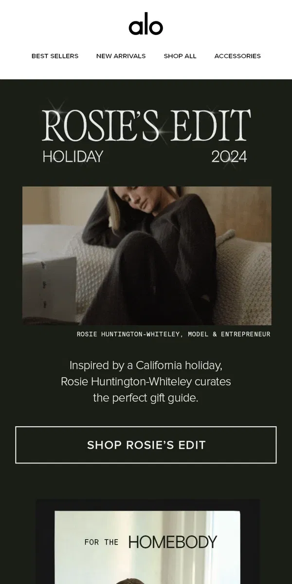 Email from Alo Yoga. Rosie's holiday edit '24