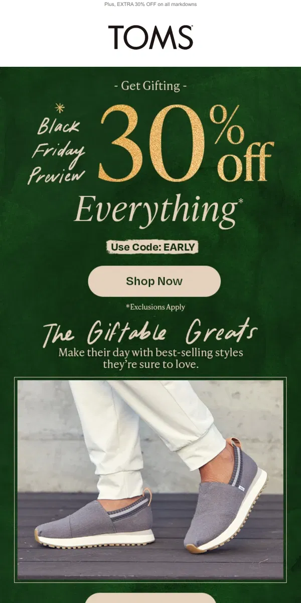 Email from TOMS. 30% OFF EVERYTHING 👏