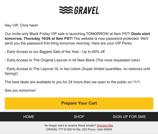 Email from Gravel. Locked Website Tomorrow - VIP ONLY