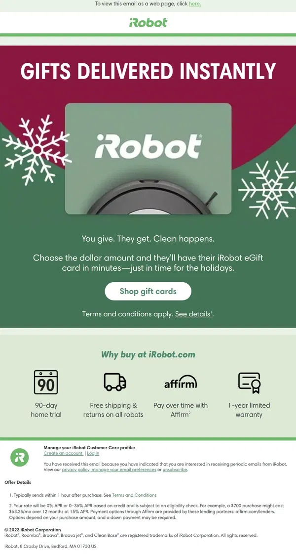 Email from iRobot. Instant Delivery: Send an eGift card now