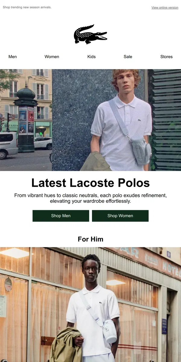 Email from Lacoste. All New Spring Polos