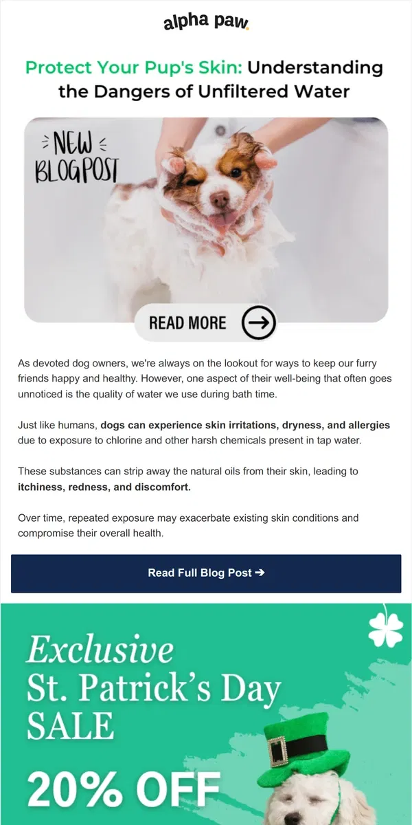 Email from Alpha Paw. Protect Your Pup's Skin: The Dangers of Unfiltered Water